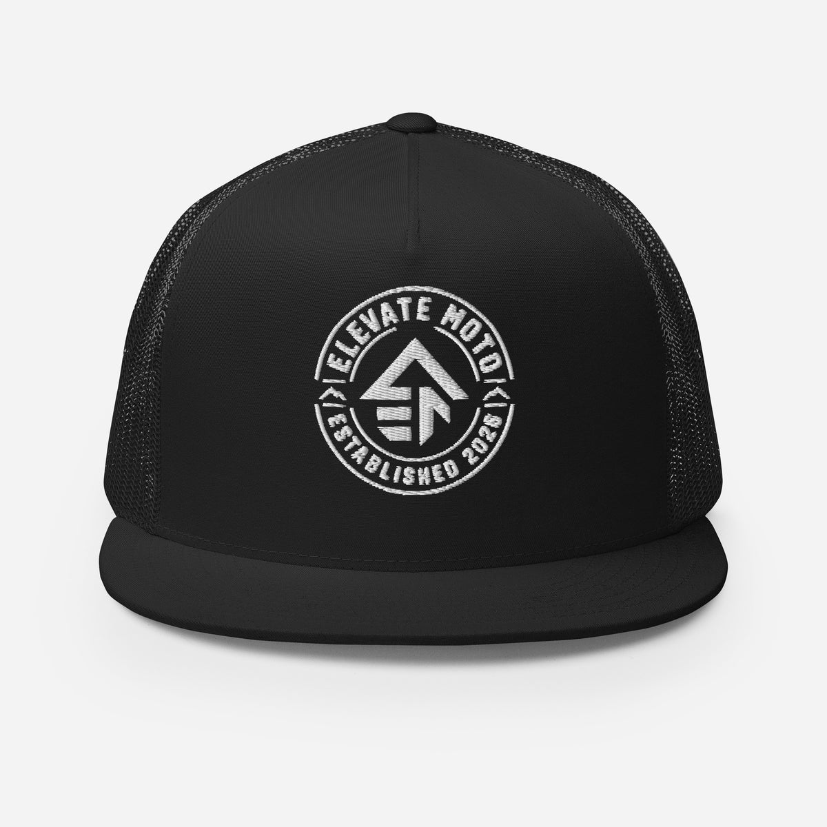 Elevate Moto Trucker Cap in black, front view