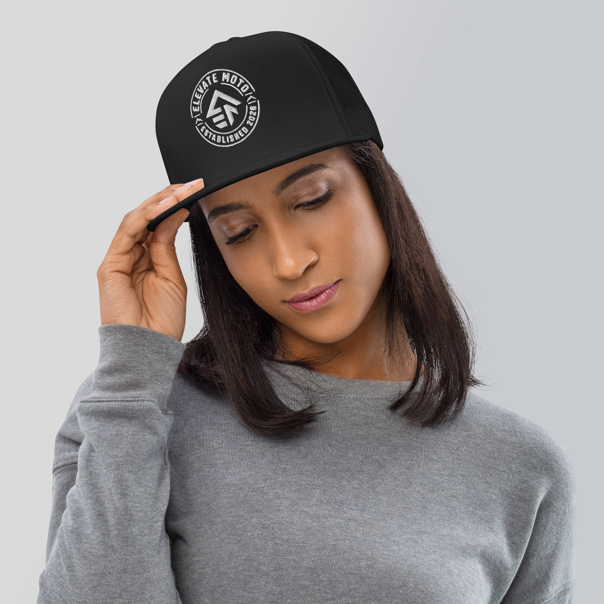 Elevate Moto Trucker Cap in black, front view