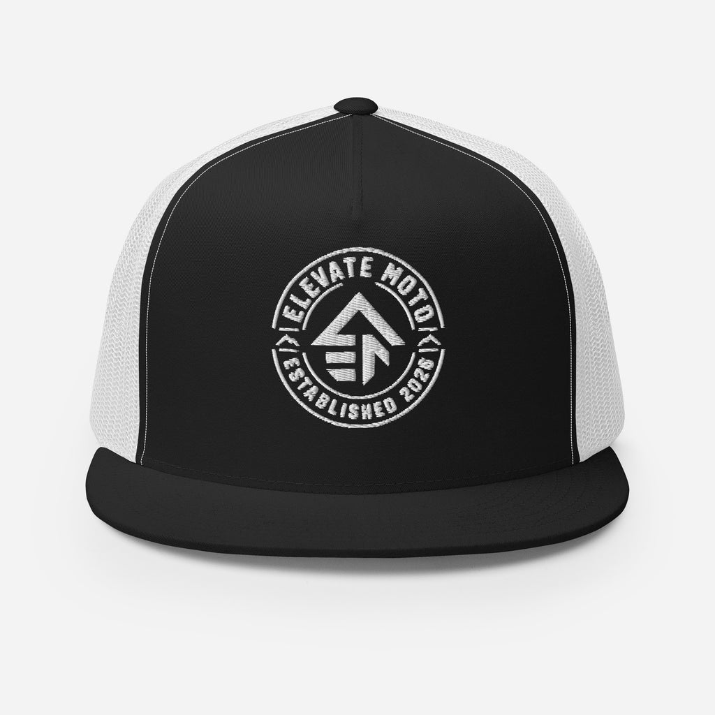 Elevate Moto Trucker Cap in black and white, front view