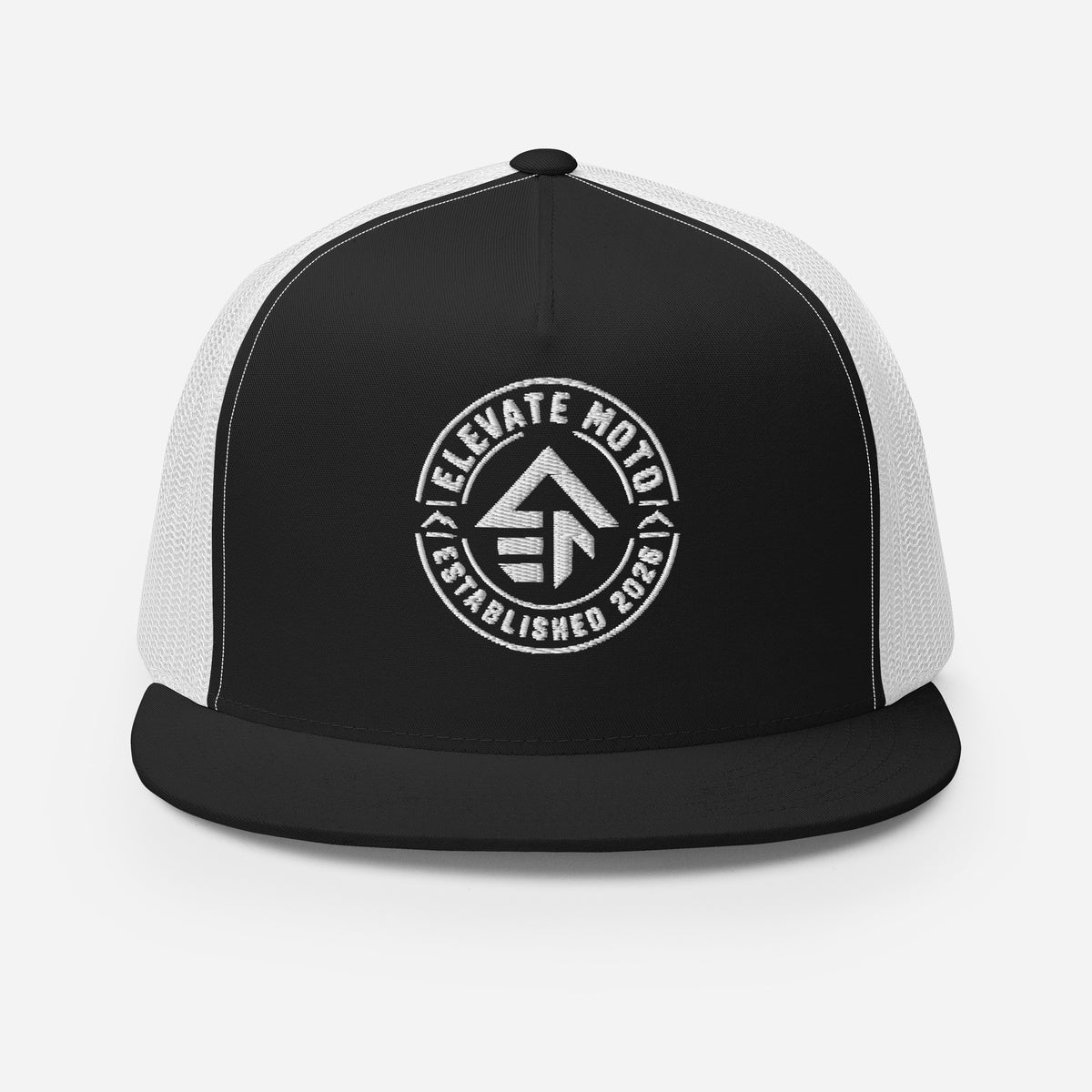 Elevate Moto Trucker Cap in black and white, front view