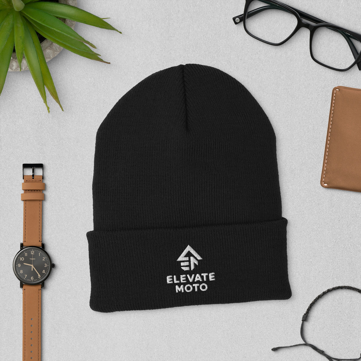 Elevate Moto Cuffed Beanie in black, front view