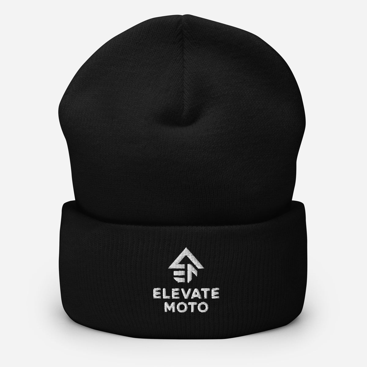 Elevate Moto Cuffed Beanie in black, front view