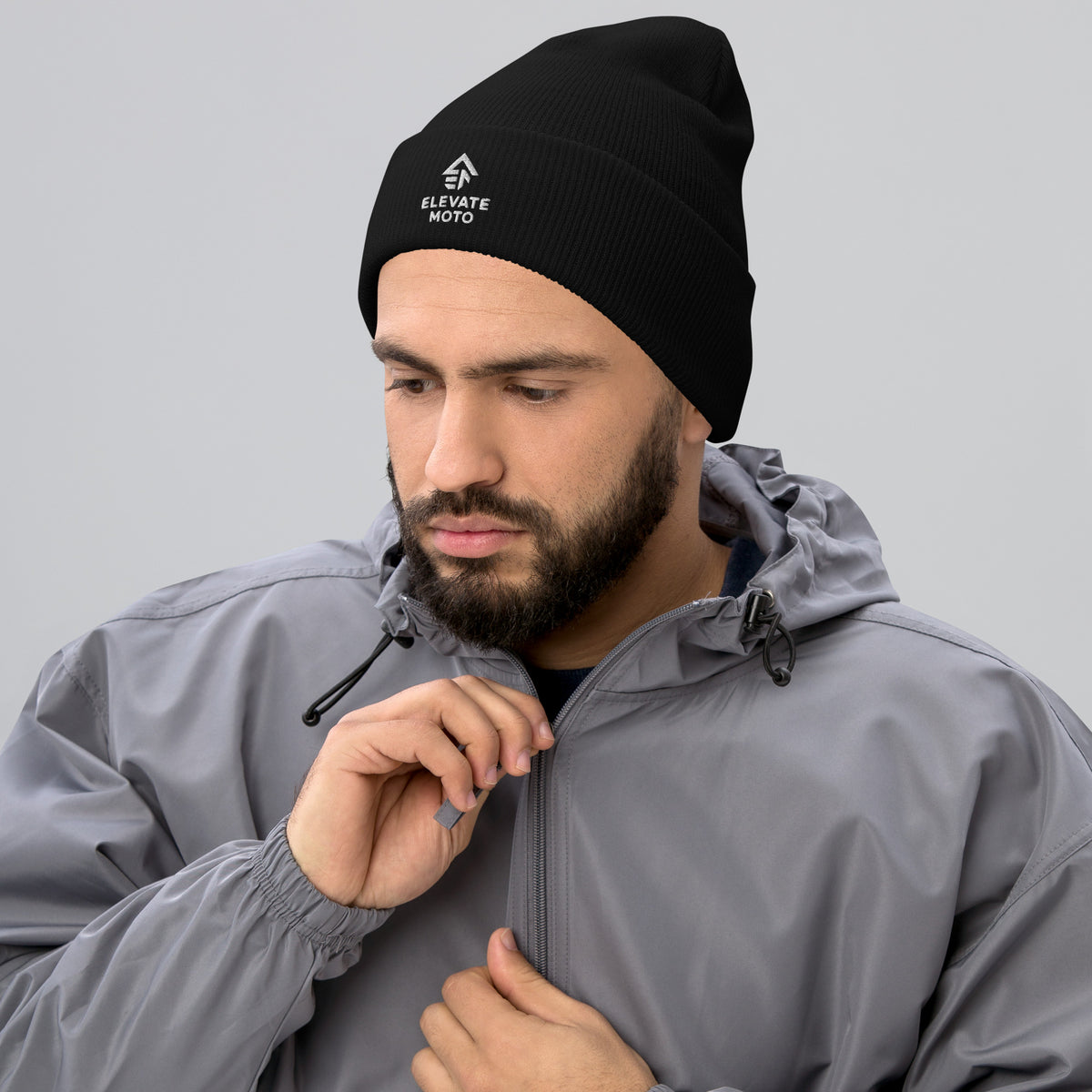 Elevate Moto Cuffed Beanie in black, front view