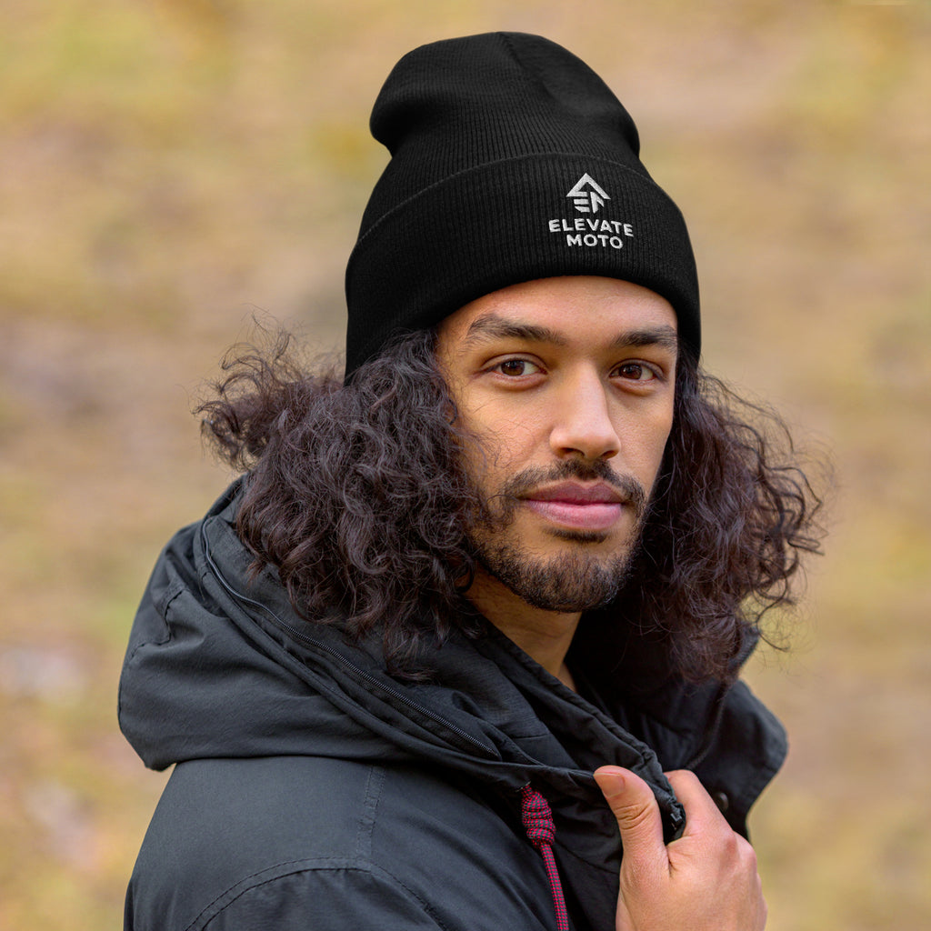Elevate Moto Cuffed Beanie in black, front view
