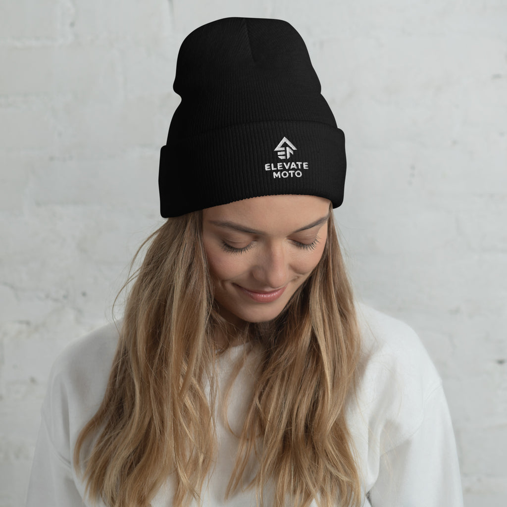 Elevate Moto Cuffed Beanie in black, front view