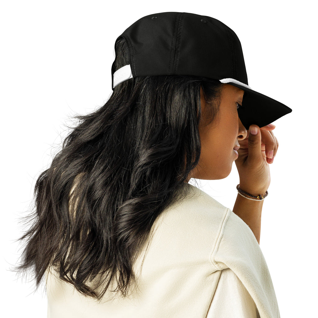 Elevate Moto Rope Hat in black and white, back view