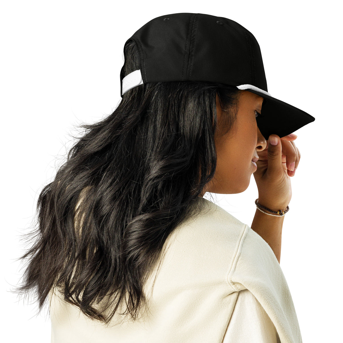 Elevate Moto Rope Hat in black and white, back view