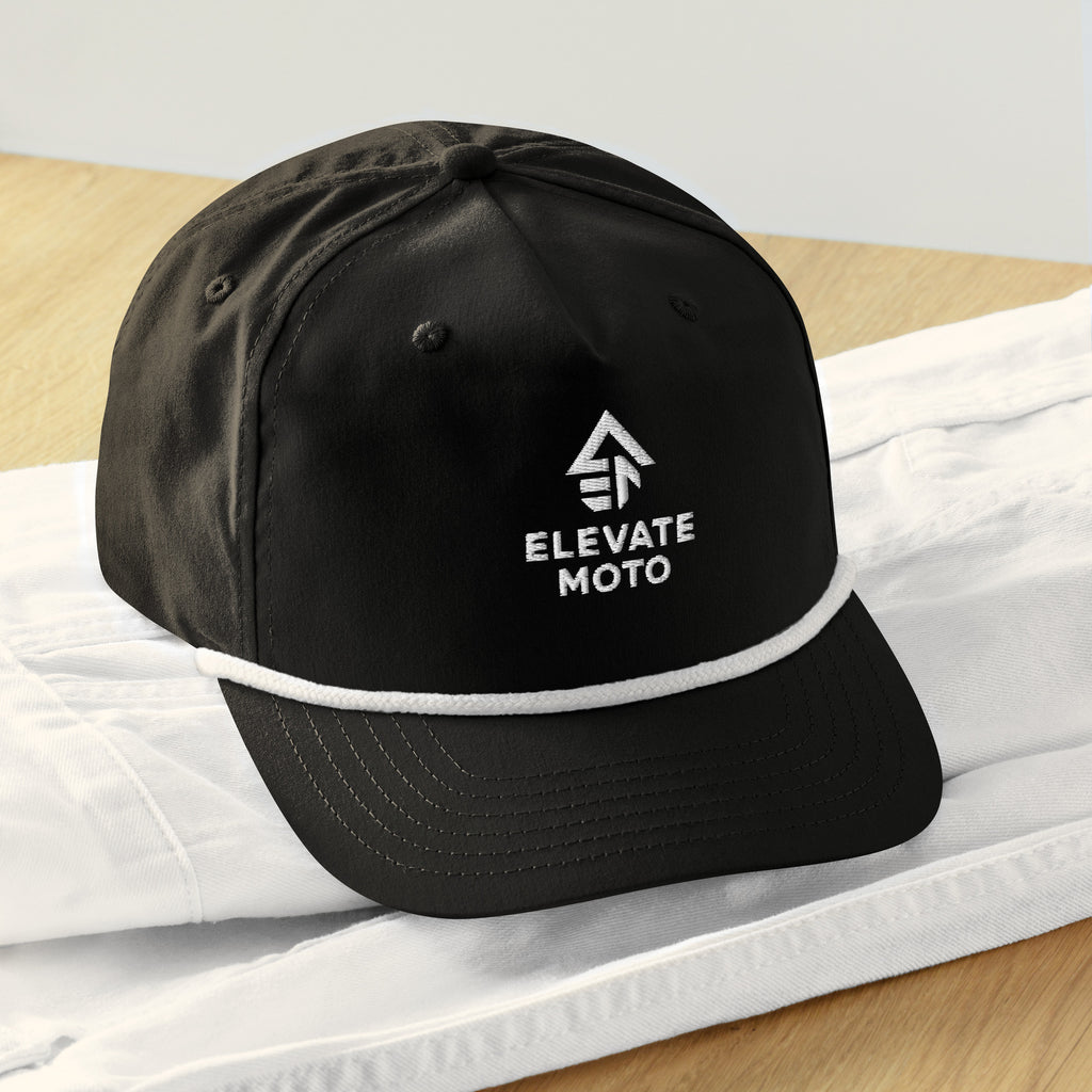 Elevate Moto Rope Hat in black and white, front view