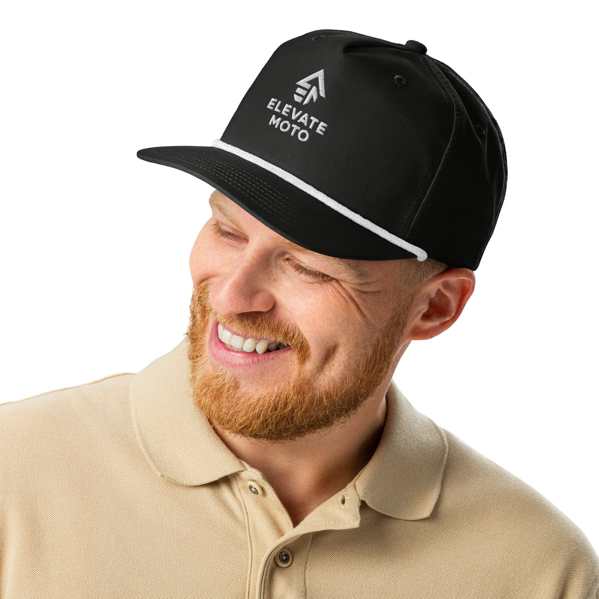 Elevate Moto Rope Hat in black and white, front view