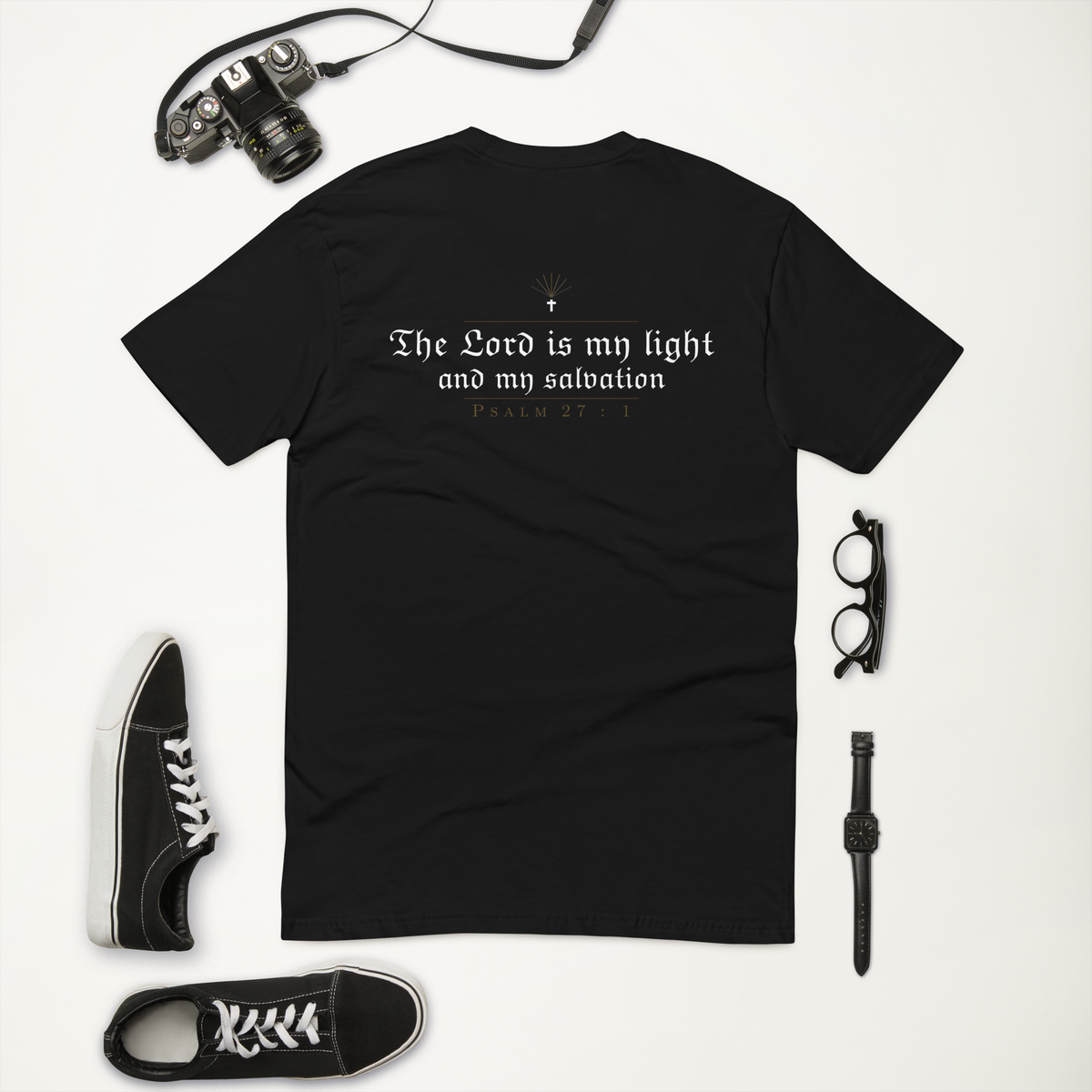 Psalm 27:1 Short Sleeve T-Shirt in black, back view