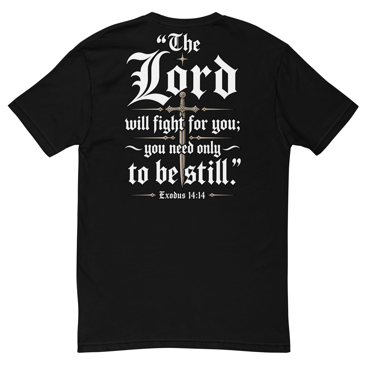 Exodus 14:14 Short Sleeve T-Shirt in black, back view
