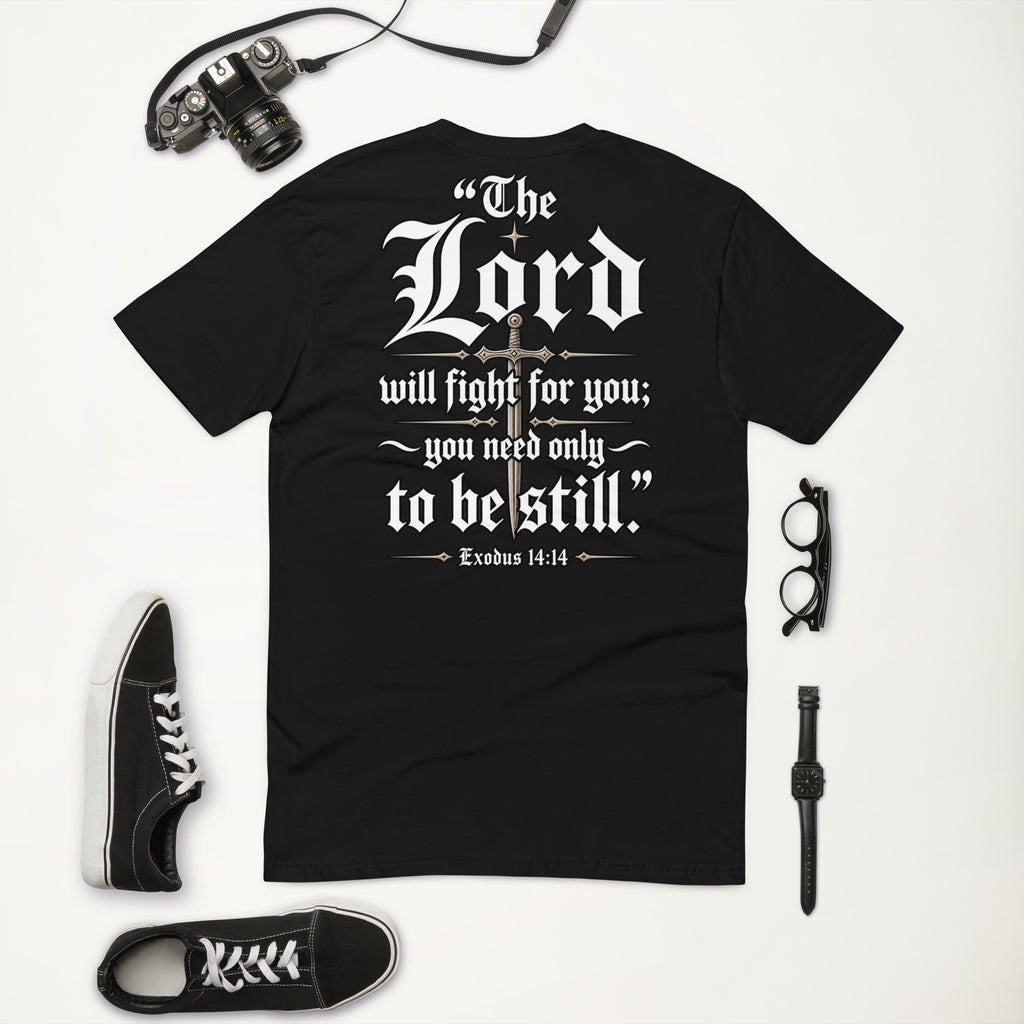 Exodus 14:14 Short Sleeve T-Shirt in black, back view