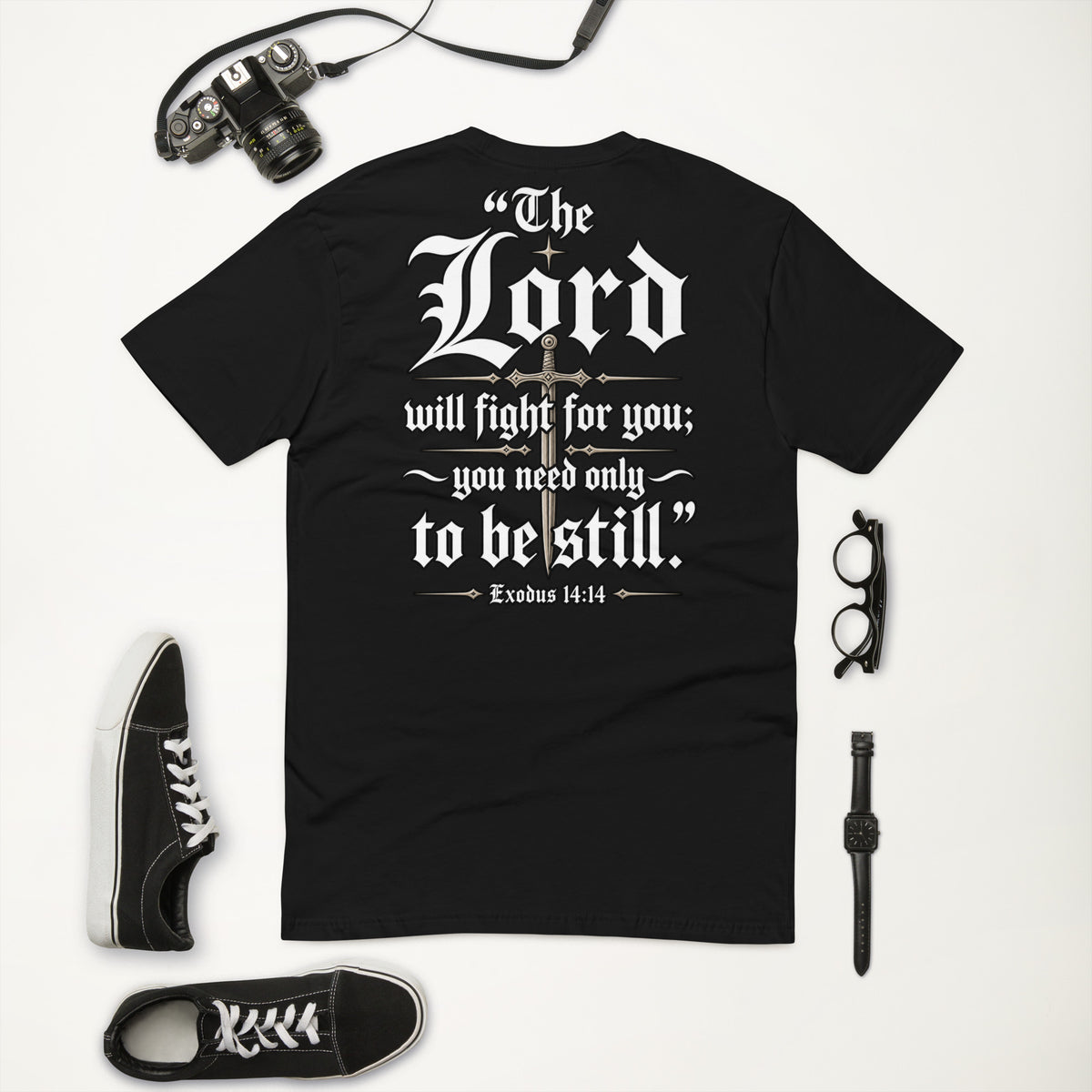 Exodus 14:14 Short Sleeve T-Shirt in black, back view