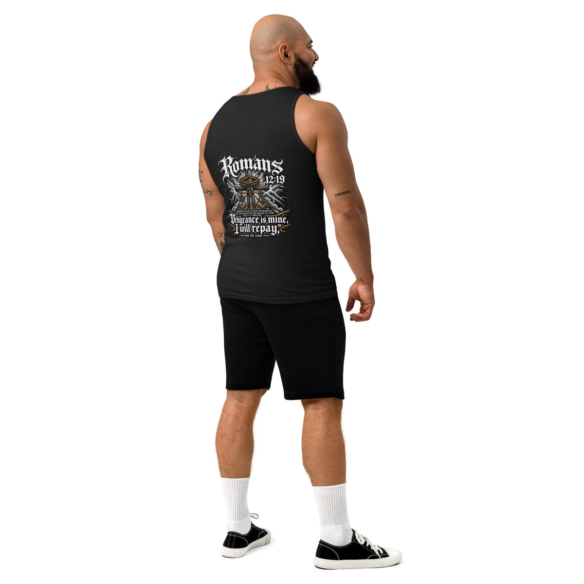 Romans 12:19 Tank Top in black, back view