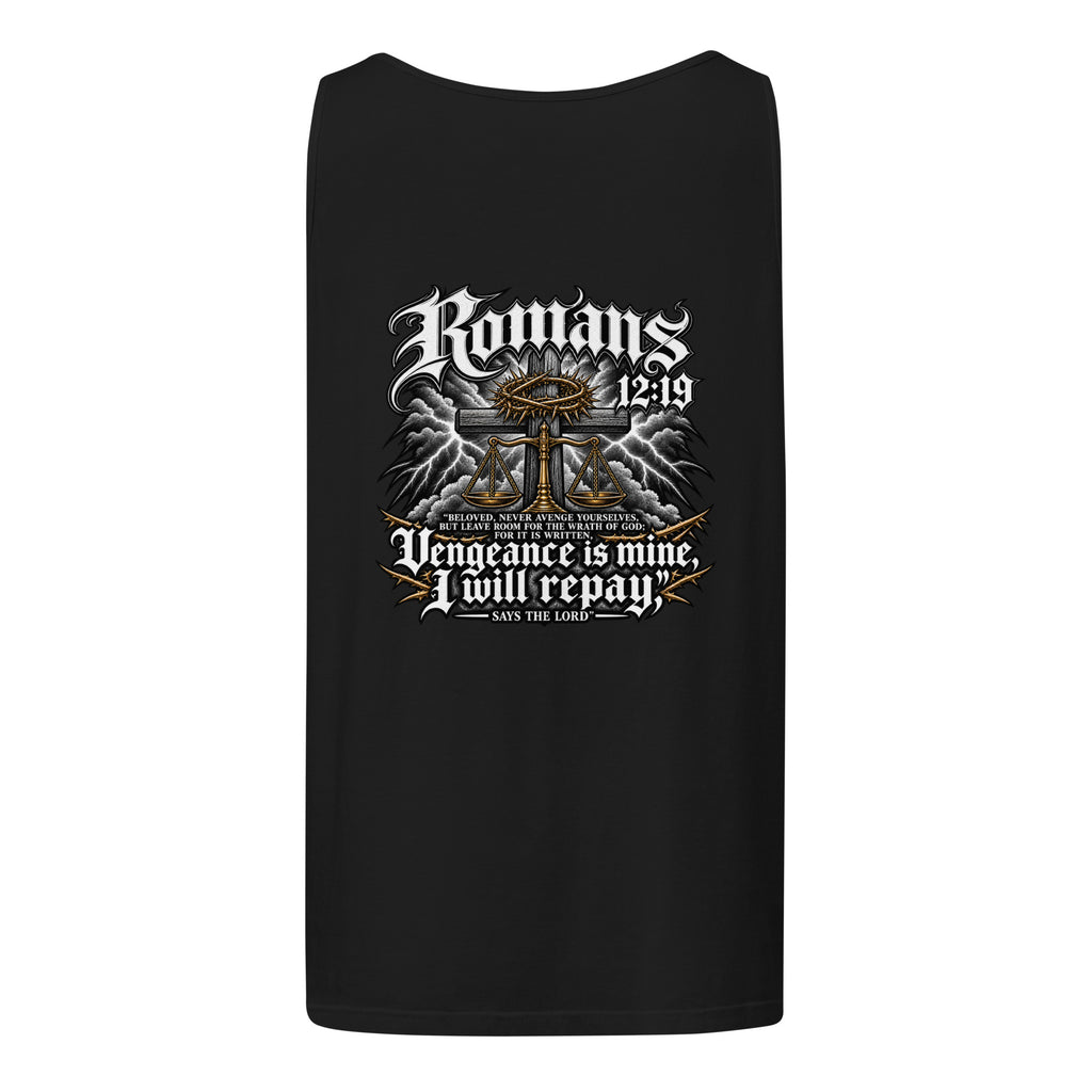 Romans 12:19 Tank Top in black, back view