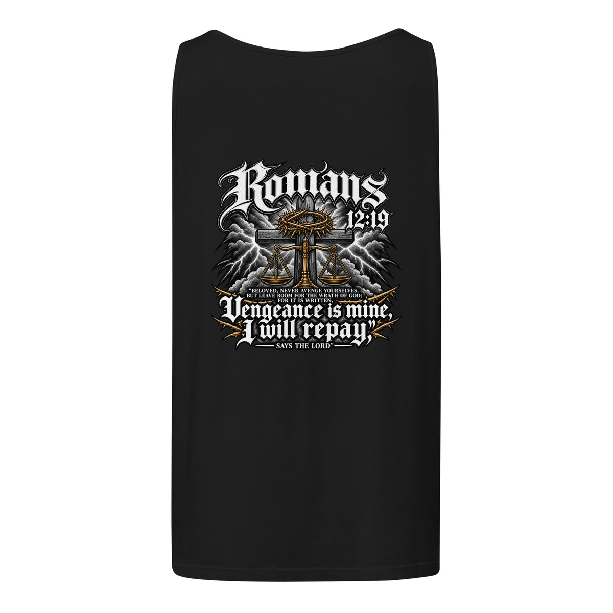 Romans 12:19 Tank Top in black, back view