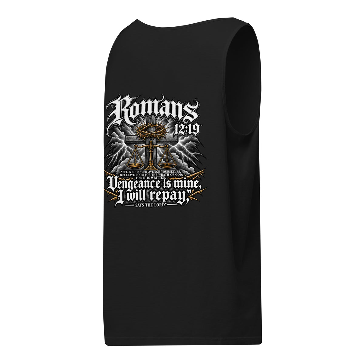 Romans 12:19 Tank Top in black, right back view