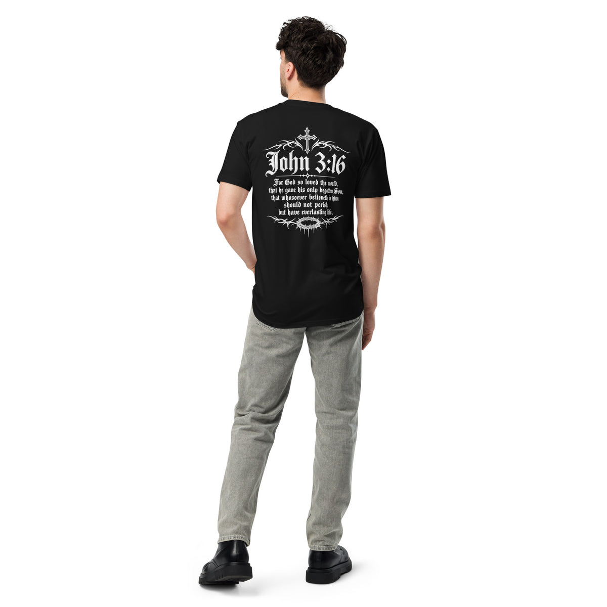 John 3:16 Premium T-Shirt in black, back view