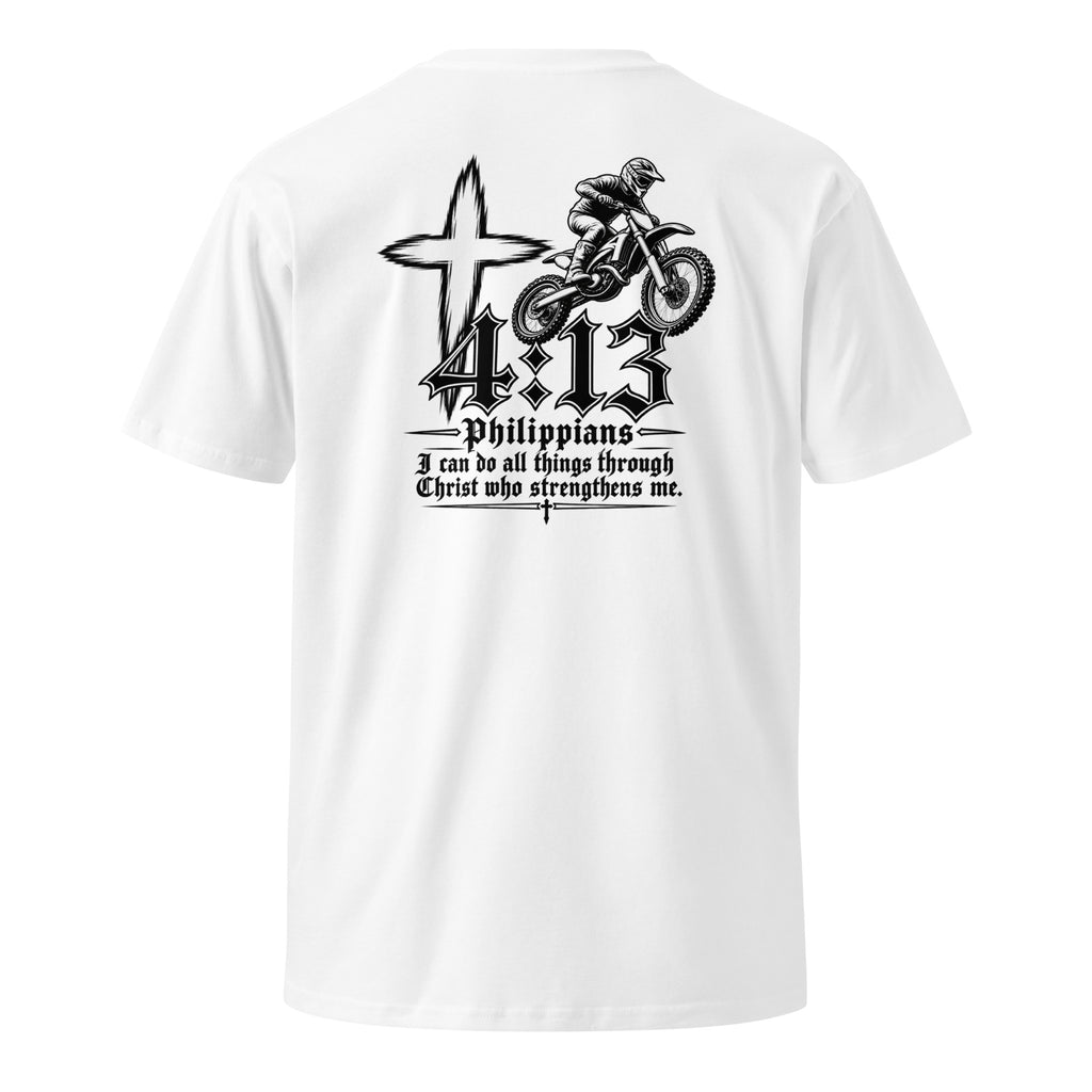 Philippians 4:13 Men's Premium T-Shirt in white, back view