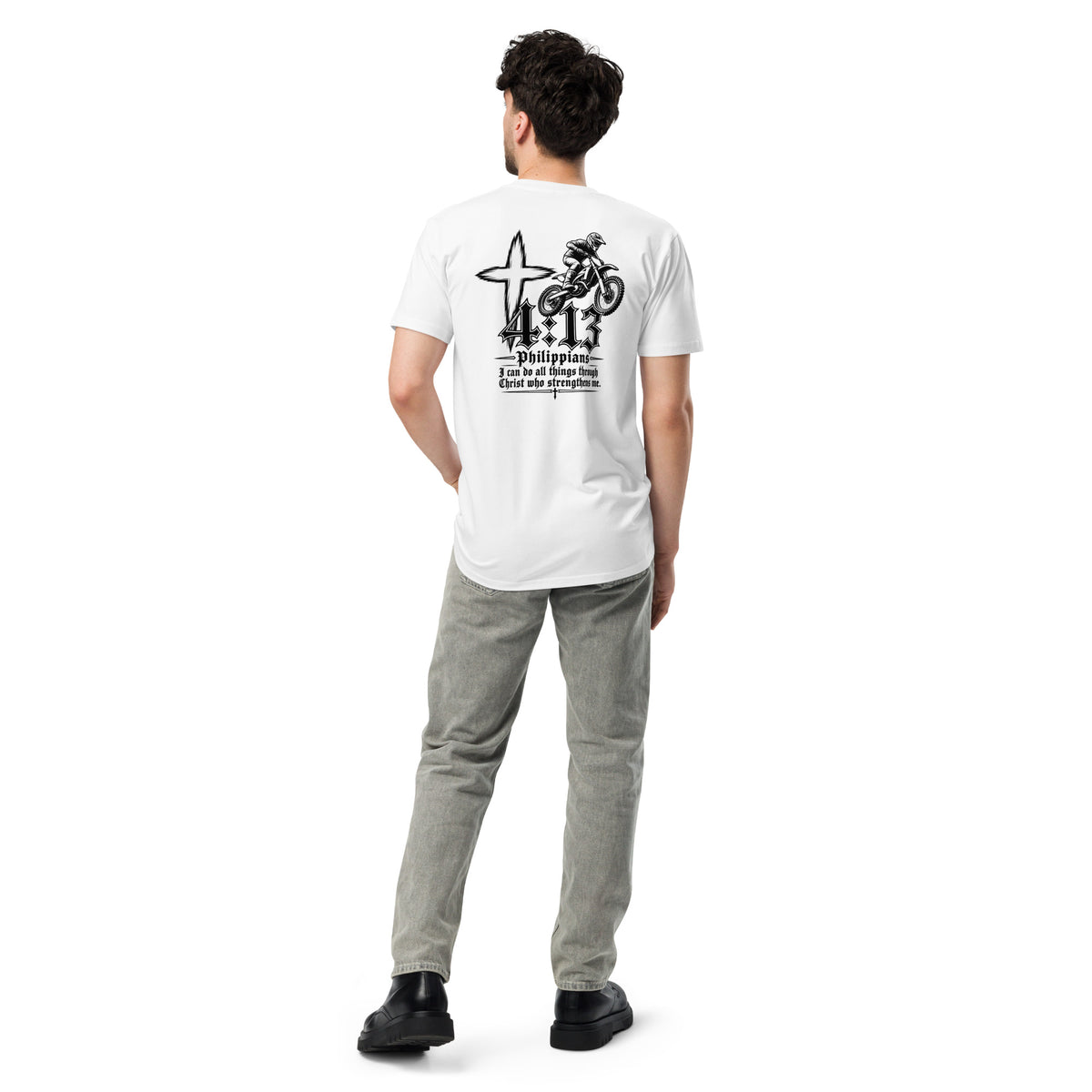 Philippians 4:13 Men's Premium T-Shirt in white, back view