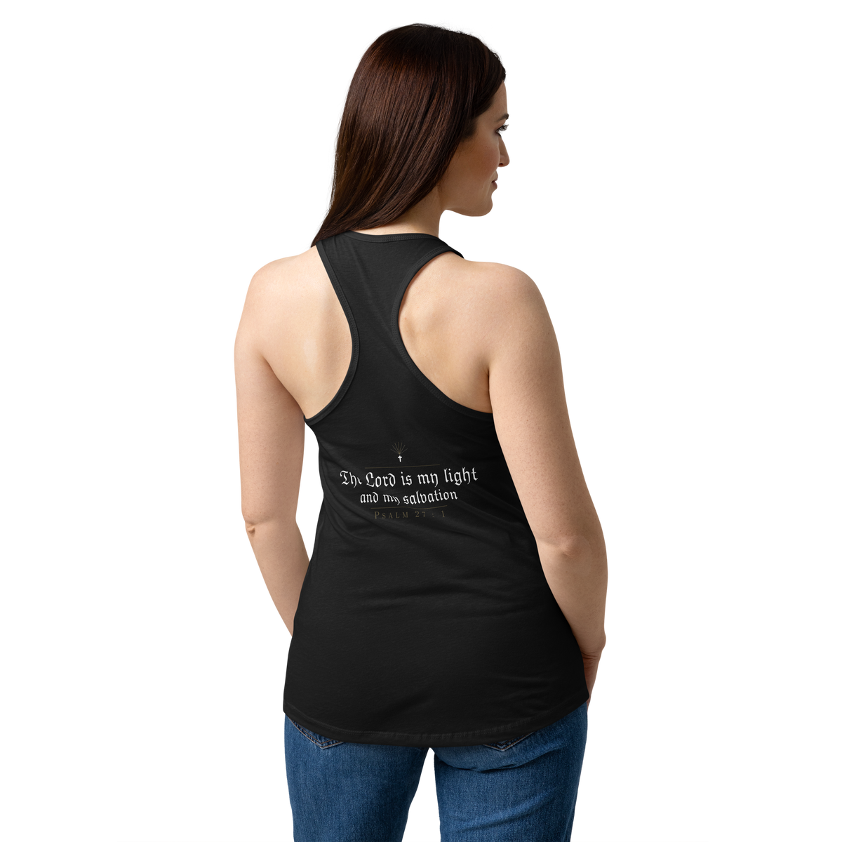 Psalm 27:1 Women's Racerback Tank Top in black, back view