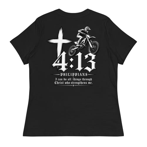 Philippians 4:13 Women's Relaxed T-Shirt in black, back view