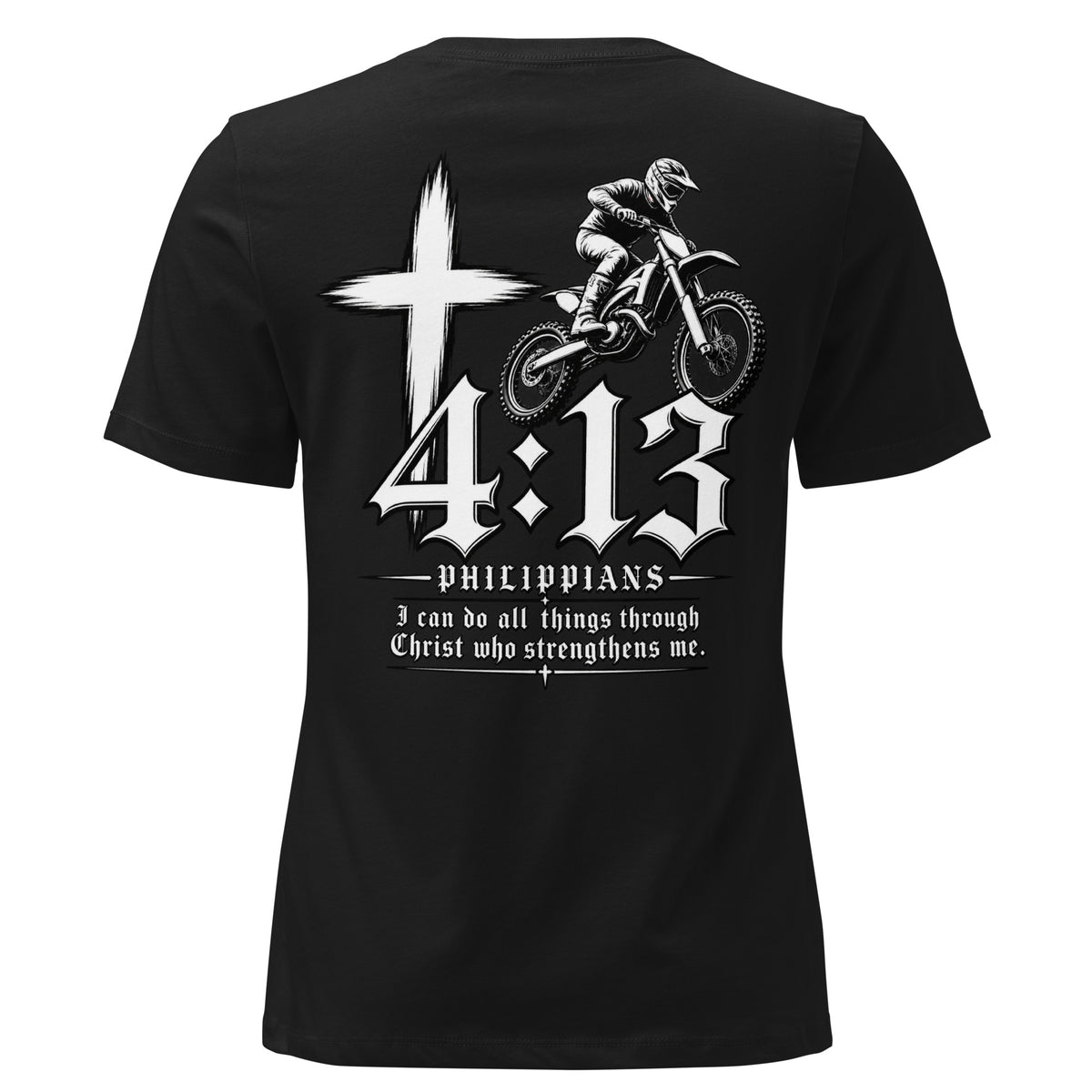 Philippians 4:13 Women's Relaxed T-Shirt in black, back view