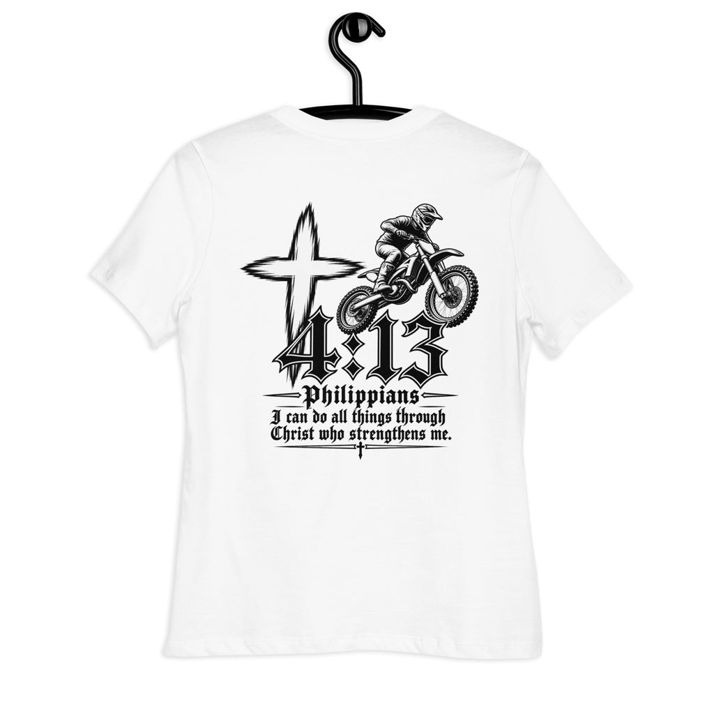 Philippians 4:13 Women's Relaxed T-Shirt in white, back view