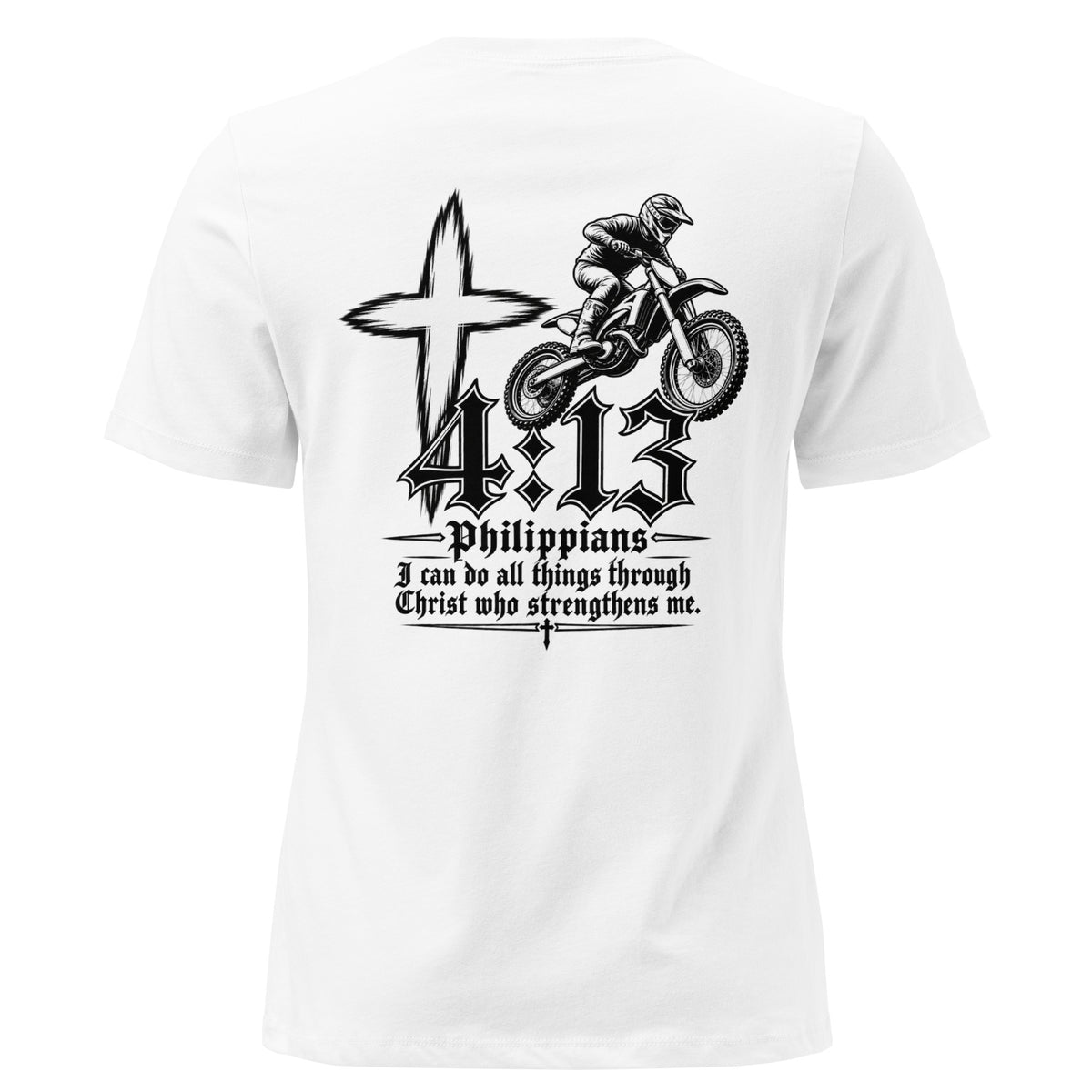 Philippians 4:13 Women's Relaxed T-Shirt in white, back view
